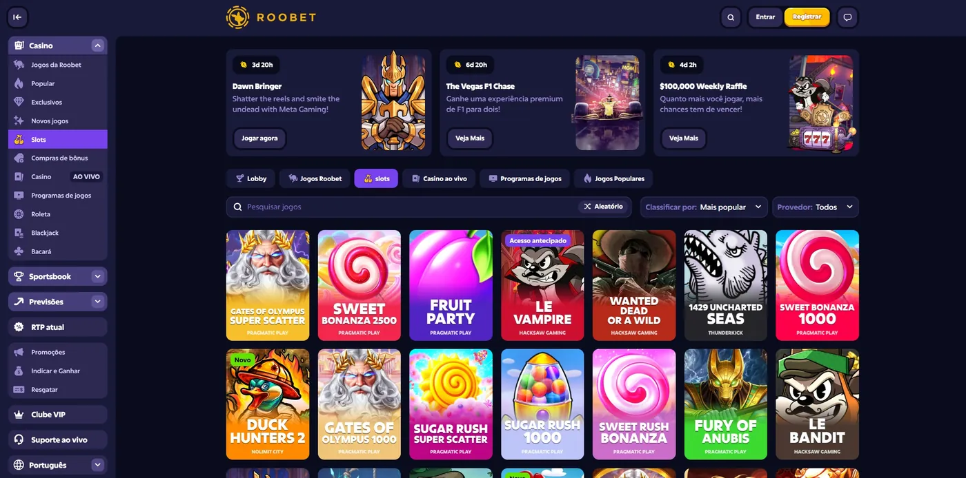 The slots catalogue: three promotion banners at the top, a row of tabs — Lobby, Jogos Roobet, slots, Casino ao vivo, Programas de jogos, Jogos Populares — the search bar with Classificar por and Provedor, and two rows of games with the studio name printed under each cover.