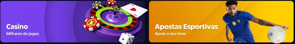 Two blocks side by side on the home page: a purple one reading Casino, Milhares de jogos, with a roulette wheel and chips; a yellow one reading Apostas Esportivas, Apoie a seu time, with a footballer.