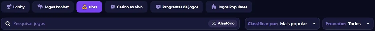 Fileira de abas do catálogo e, abaixo, a barra com o campo Pesquisar jogos, o botão Aleatório, o seletor Classificar por: Mais popular e o seletor Provedor: Todos.