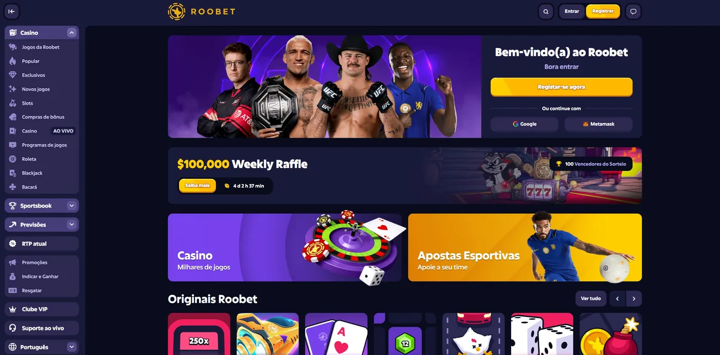 The casino's home screen with the side menu in Portuguese — Jogos da Roobet, Popular, Exclusivos, Slots, Compras de bônus, Roleta, Blackjack, Bacará, Sportsbook, RTP atual, Clube VIP and, at the foot of the menu, the Português selector. On the right, a welcome panel and a banner reading $100,000 Weekly Raffle.