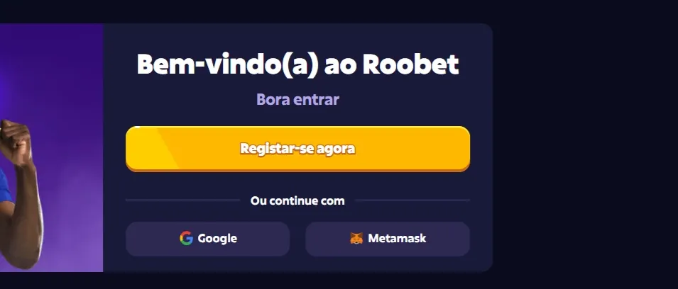 The welcome panel in the right-hand corner of the home screen: the heading Bem-vindo(a) ao Roobet, the line Bora entrar, a yellow Registar-se agora button, the line Ou continue com and two buttons, Google and Metamask. The edge of the page banner shows on the left.