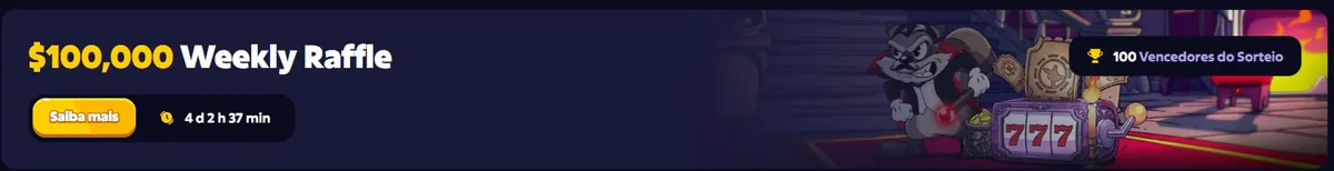 Faixa escura com o título $100,000 Weekly Raffle, o botão Saiba mais, um relógio marcando 4 d 2 h 37 min e a etiqueta 100 Vencedores do Sorteio.